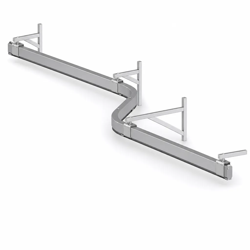 ezzLINKrail: nested rail and crane system under the hall ceiling.