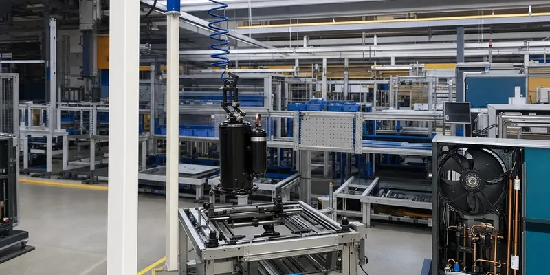 Assembly cell for heat pumps with balancer and jib crane