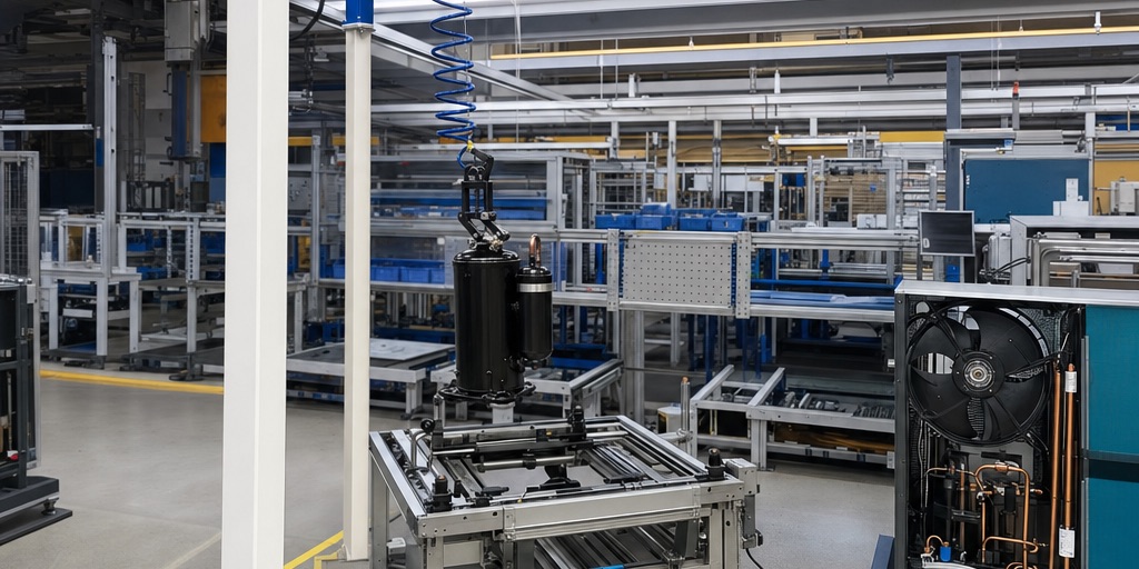 Assembly cell for heat pumps with balancer and jib crane