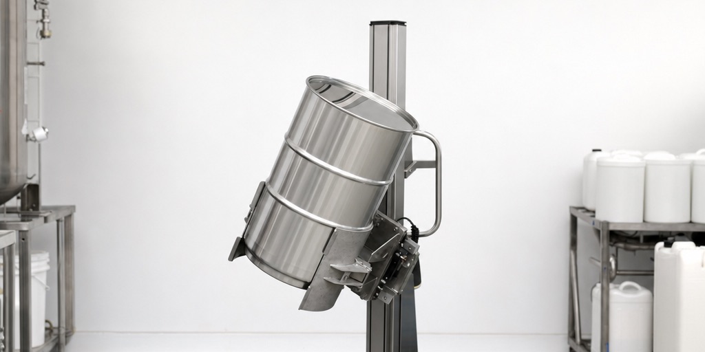 Employee using the mobile lifter ezzLIFT for ergonomic dosing from a barrel in the food industry