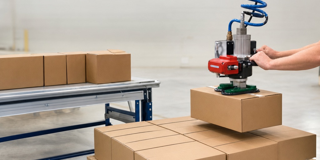 An operator ergonomically palletizing boxes using a vacuum tube lifter