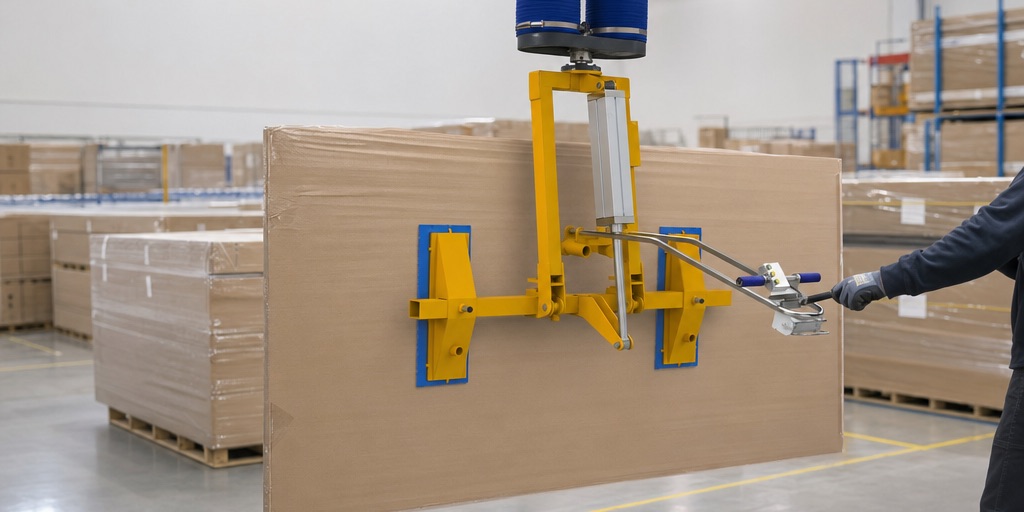 An employee lifting a packaged solar panel using a vacuum tube lifter in a logistics center