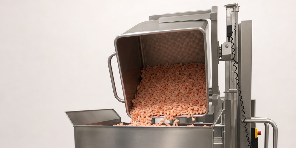 Employee using the ezzLIFT lifting device to handle boxes in a frozen food facility.