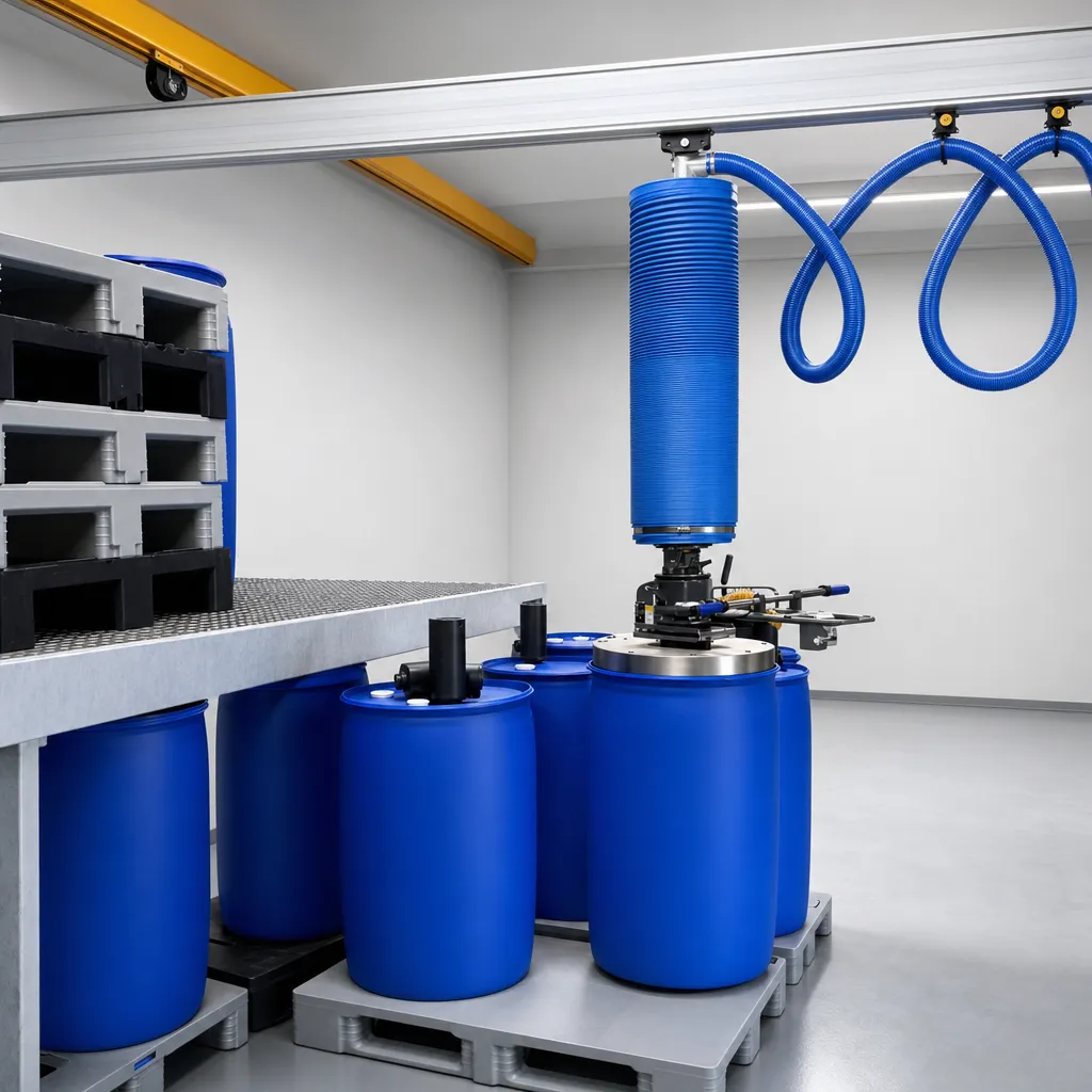 Vacuum tube lifter handling blue drums in a bright industrial warehouse.