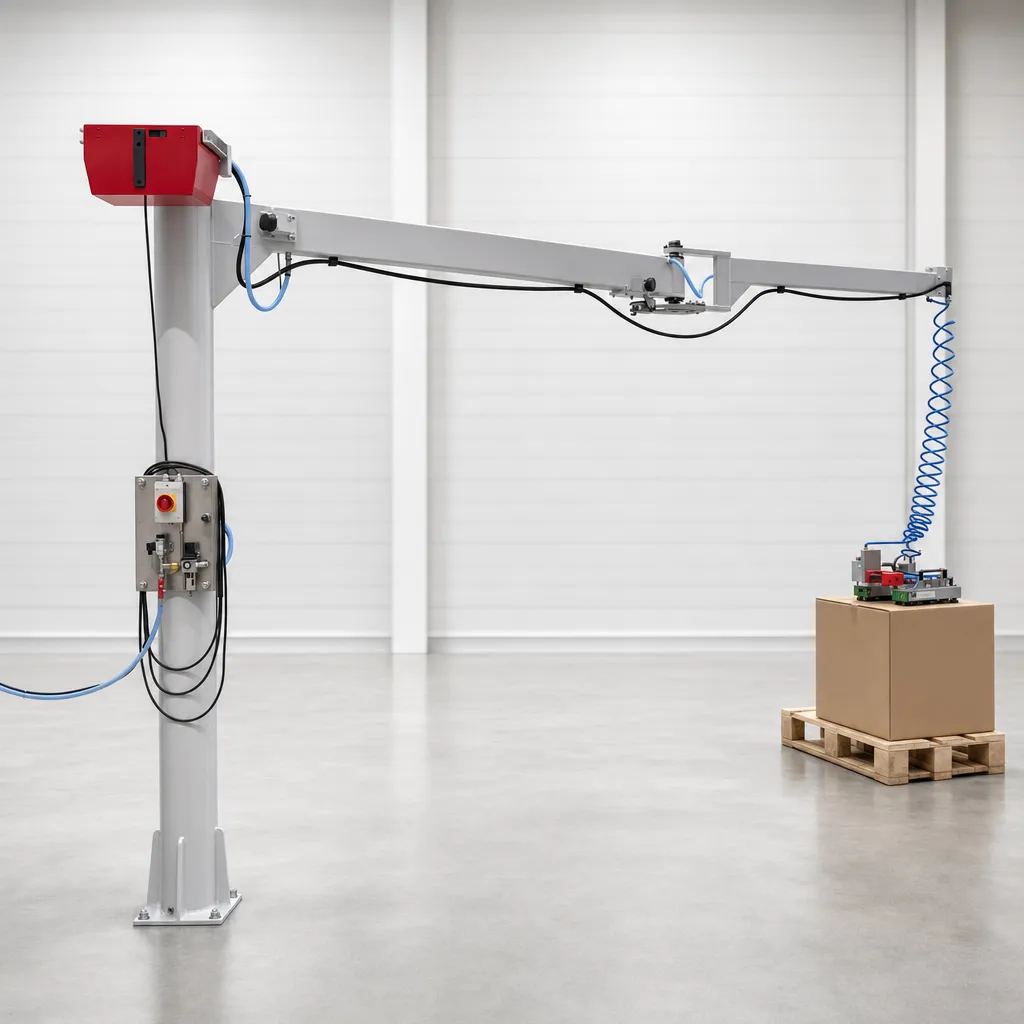 Pillar jib crane in a bright industrial hall, end effector over a cardboard box on a wood pallet.